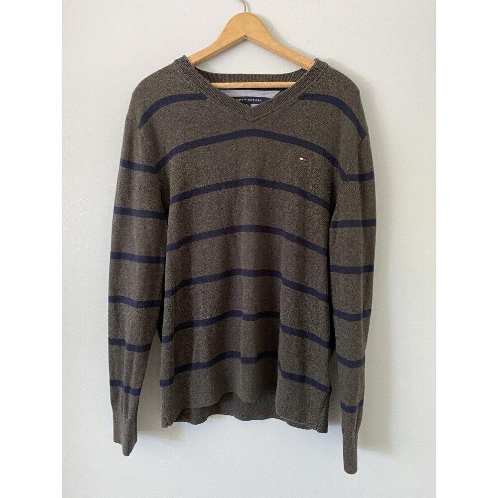 Tommy Hilfiger Pima Cotton V-Neck Sweater Men's XL Gray Striped